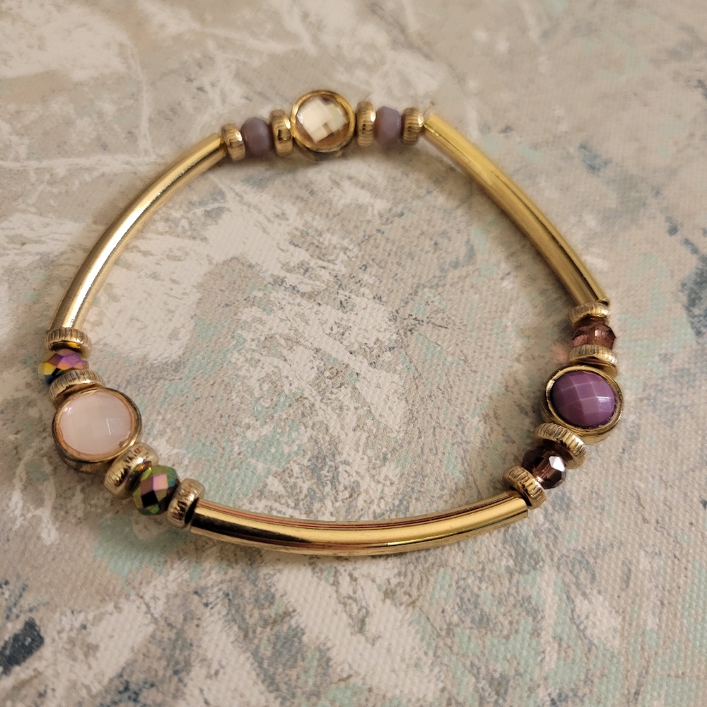 Gold Tone Beaded Crystal Accent Bar Link Bracelet and Large Square Stud Earrings - Picture 4 of 9